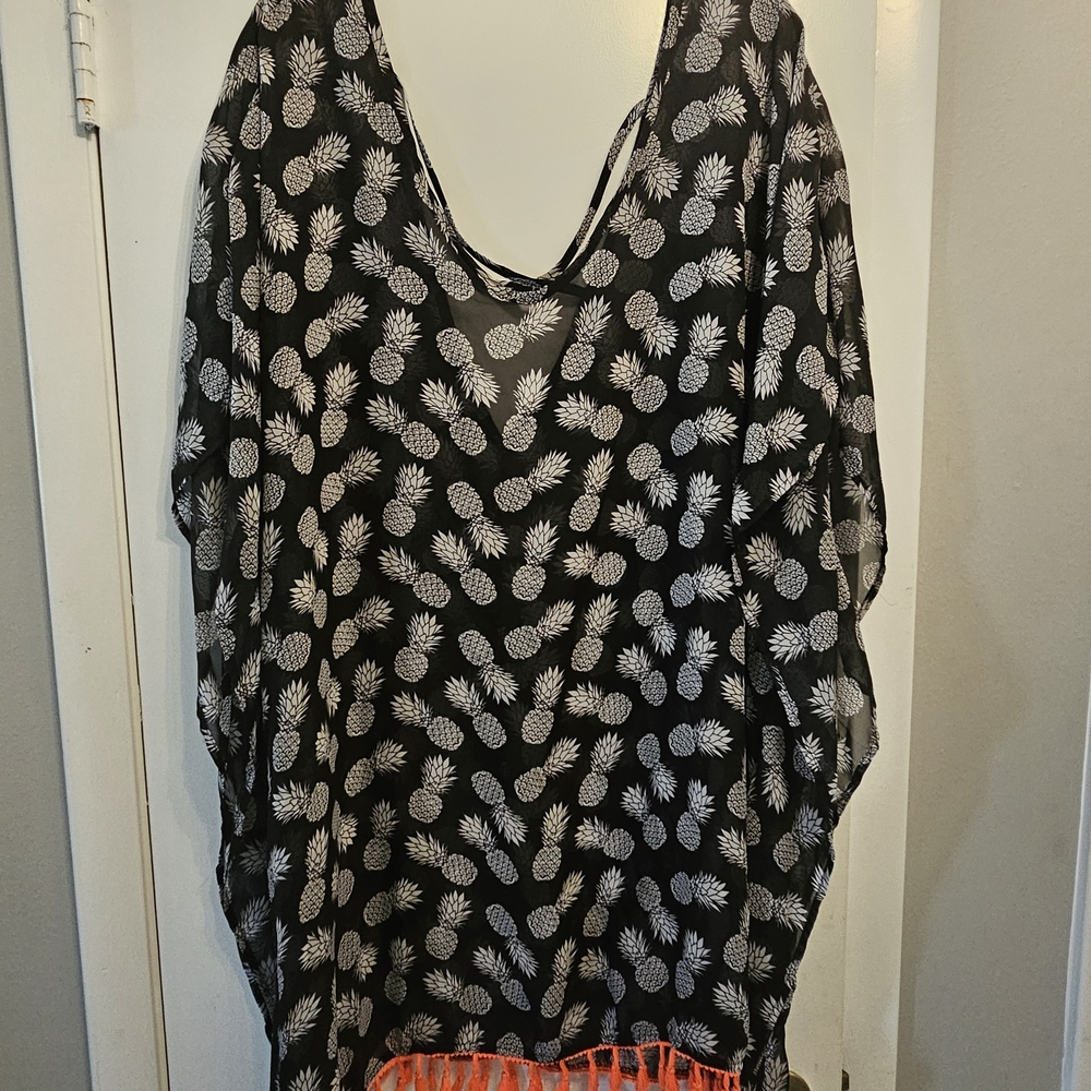 No Boundaries Black and White Pineapple Swim Coverup with Orange Tassels